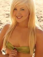 Blonde beach babe Ashlie is at the beach in a skimpy strapless shinny bikini